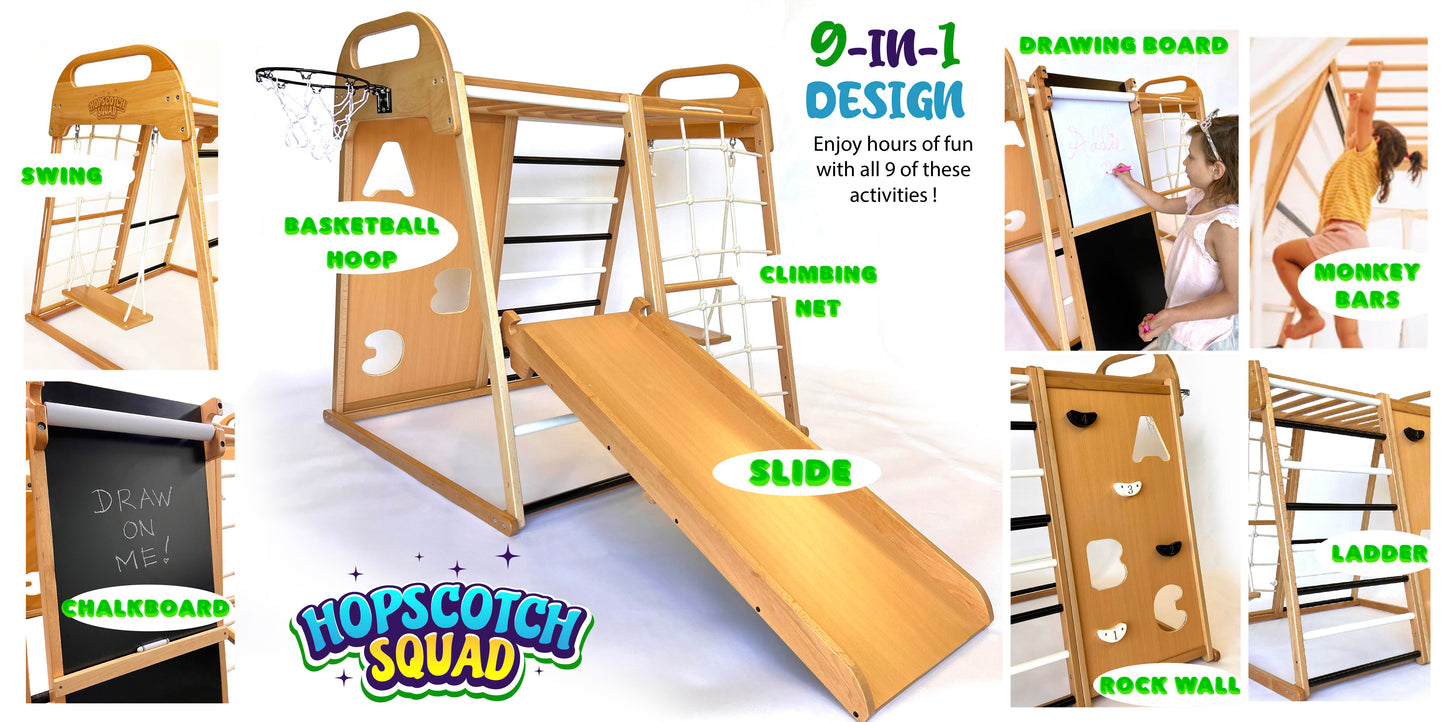 Wooden Indoor Playground Climber for Kids, Jungle Gym Toy Playset for Toddlers. Chalkboard/ Slide,Climbing Wall, Swing,Rope Climber,Monkey Bars,Ladder,Basketball Hoop