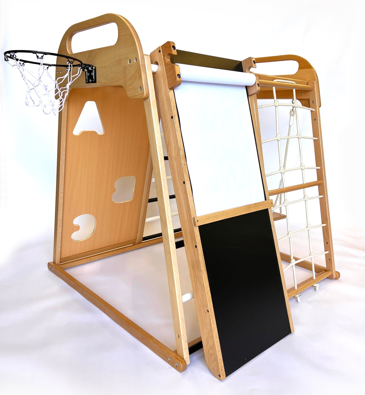 Wooden Indoor Playground Climber for Kids, Jungle Gym Toy Playset for Toddlers. Chalkboard/ Slide,Climbing Wall, Swing,Rope Climber,Monkey Bars,Ladder,Basketball Hoop