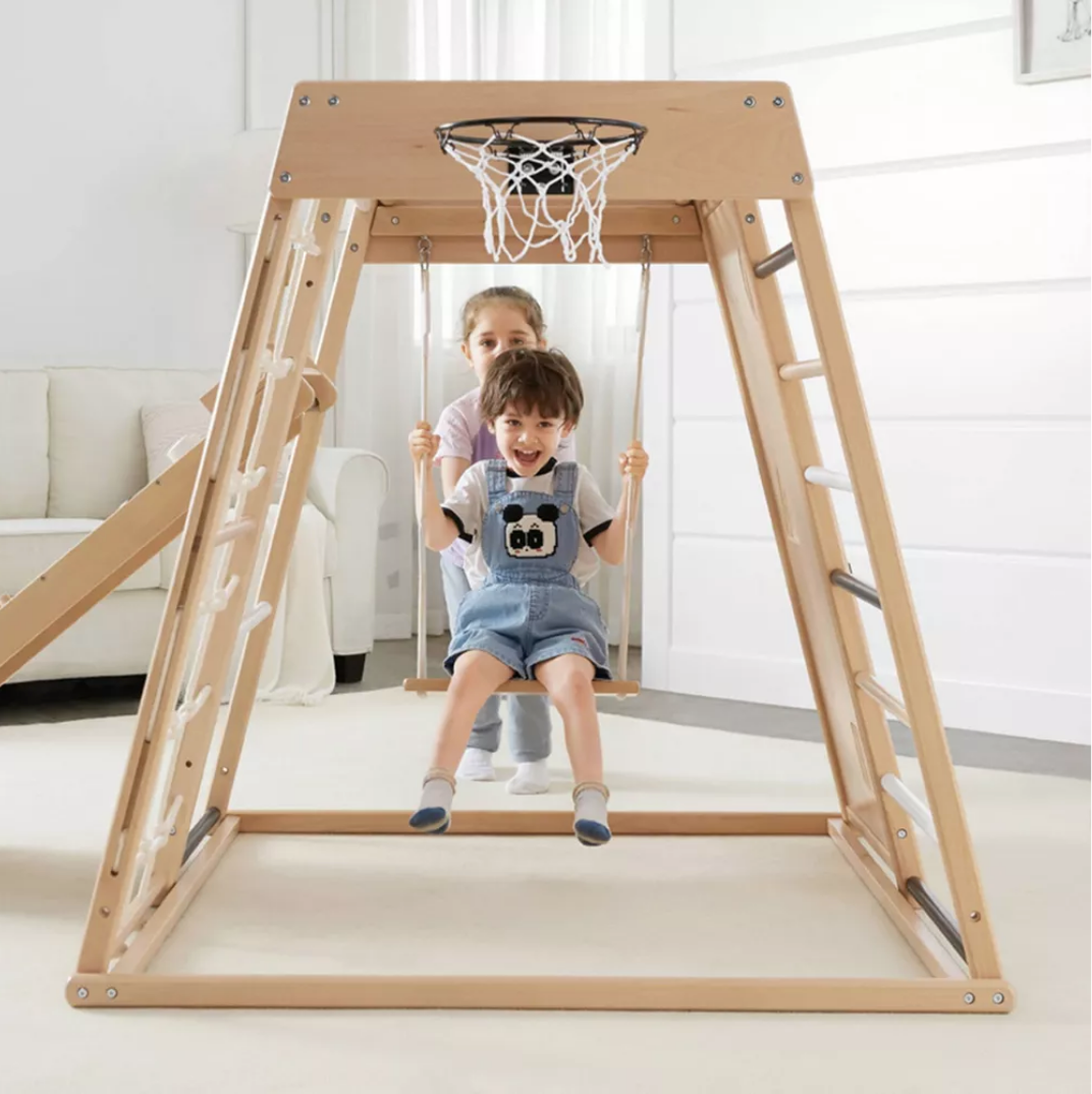 Wooden Indoor Playground Climber for Kids, Jungle Gym Toy Playset for Toddlers. Chalkboard/ Slide,Climbing Wall, Swing,Rope Climber,Monkey Bars,Ladder,Basketball Hoop