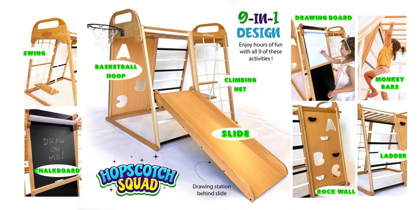 Wooden Indoor Playground Climber for Kids, Jungle Gym Toy Playset for Toddlers. Chalkboard/ Slide,Climbing Wall, Swing,Rope Climber,Monkey Bars,Ladder,Basketball Hoop