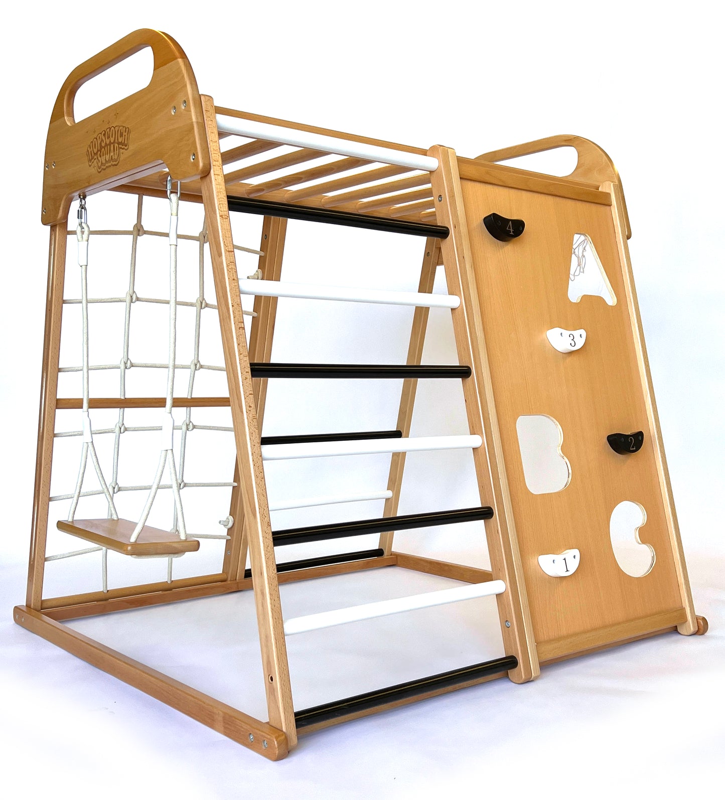 Wooden Indoor Playground Climber for Kids, Jungle Gym Toy Playset for Toddlers. Chalkboard/ Slide,Climbing Wall, Swing,Rope Climber,Monkey Bars,Ladder,Basketball Hoop