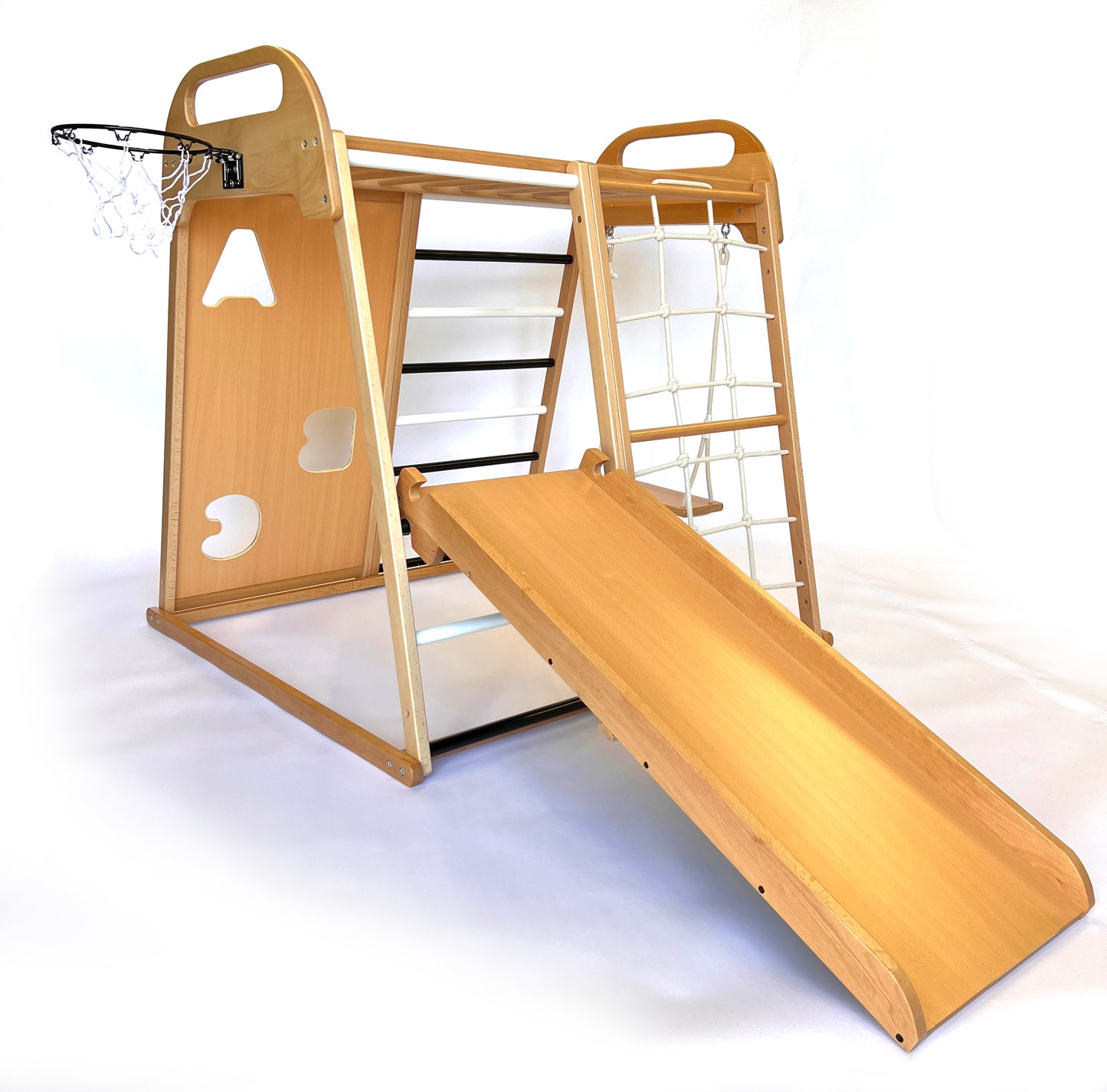 Wooden Indoor Playground Climber for Kids, Jungle Gym Toy Playset for Toddlers. Chalkboard/ Slide,Climbing Wall, Swing,Rope Climber,Monkey Bars,Ladder,Basketball Hoop