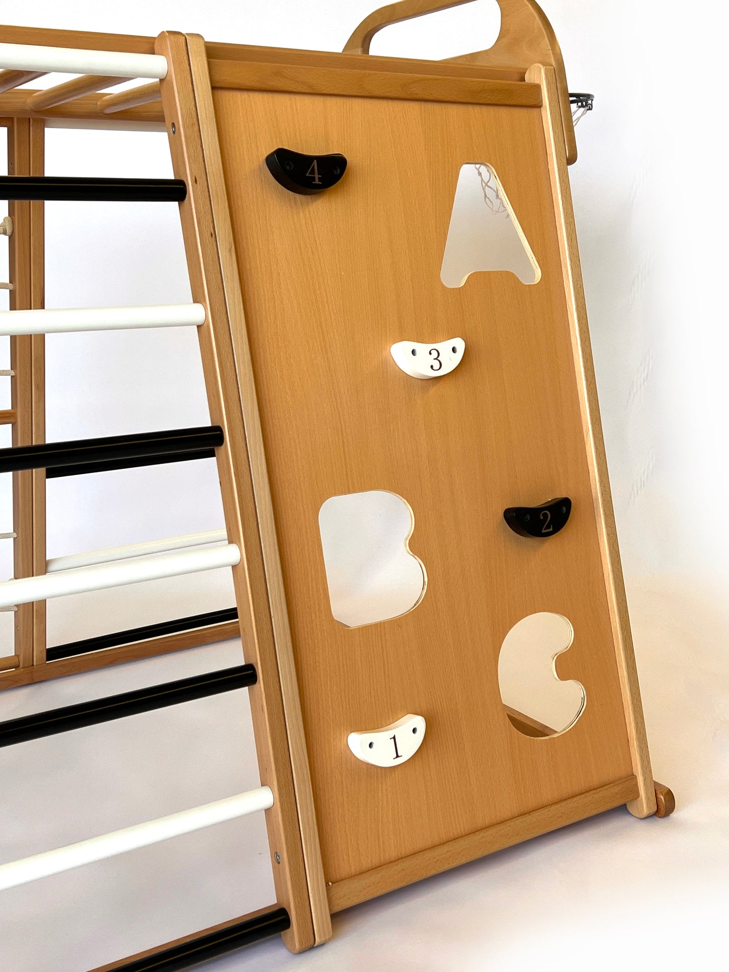 Wooden Indoor Playground Climber for Kids, Jungle Gym Toy Playset for Toddlers. Chalkboard/ Slide,Climbing Wall, Swing,Rope Climber,Monkey Bars,Ladder,Basketball Hoop