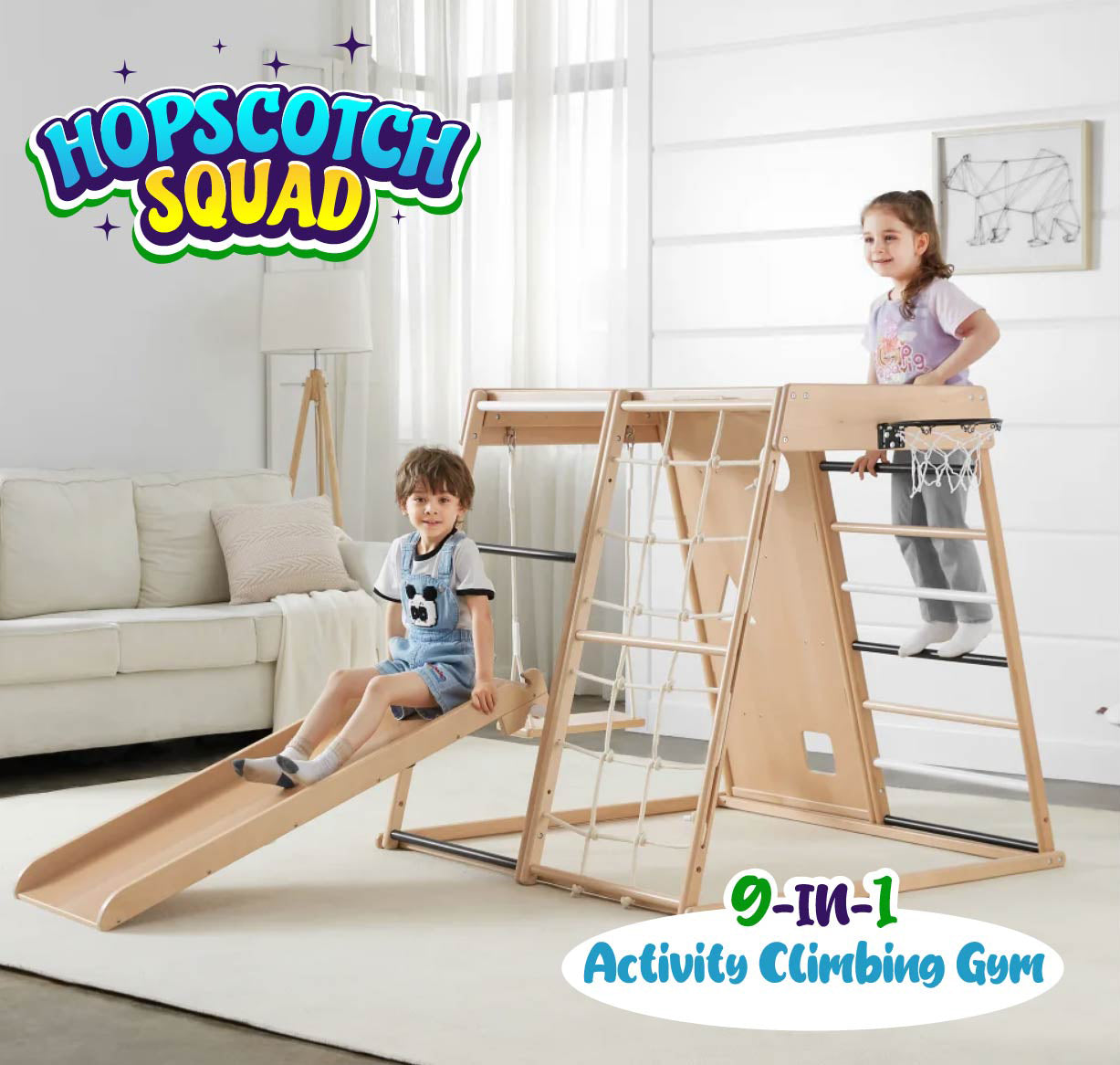 Wooden Indoor Playground Climber for Kids, Jungle Gym Toy Playset for Toddlers. Chalkboard/ Slide,Climbing Wall, Swing,Rope Climber,Monkey Bars,Ladder,Basketball Hoop