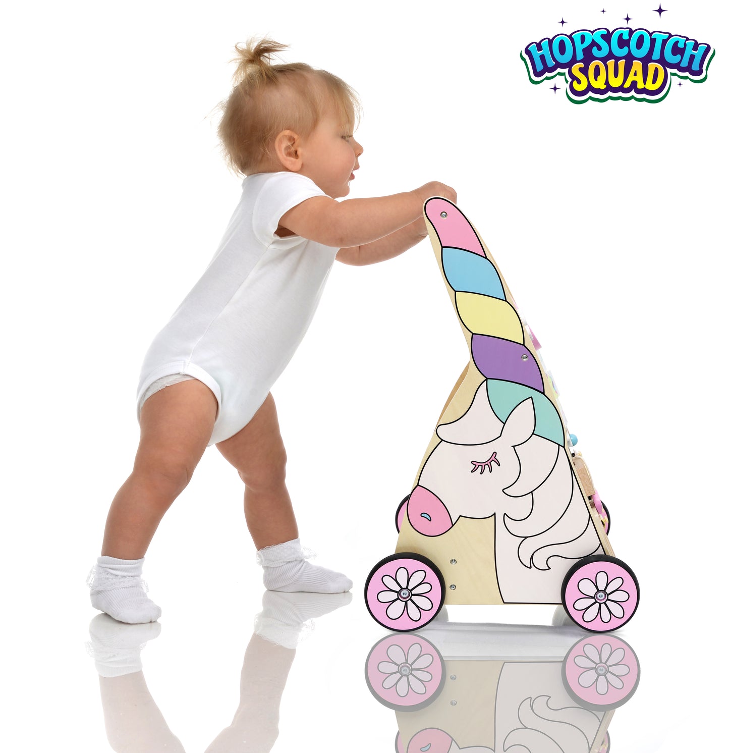 Hopscotch Squad Unicorn Wooden Baby Activity Walker with Sensory Toys